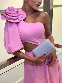 Show-Stopping 3D Floral Gown - One-Shoulder Evening Dress W/ Waist Cutouts & Dramatic Full Skirt | Black Tie Wedding Guest & Red Carpet Dress