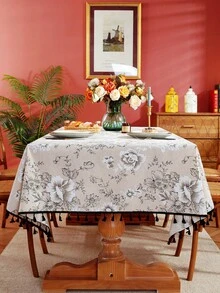 1 件复古黑白花卉流苏桌布，用于咖啡桌、床头柜、家居装饰的装饰罩，适用于餐厅、聚会、晚餐、节日派对、宴会、野餐和露营，四季皆宜