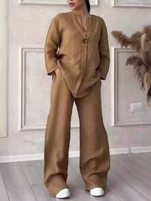 2025 Summer Fashionista V-Neck Long Sleeve Long Pants Multicolor Cotton And Linen Women's Suit - White - View 4