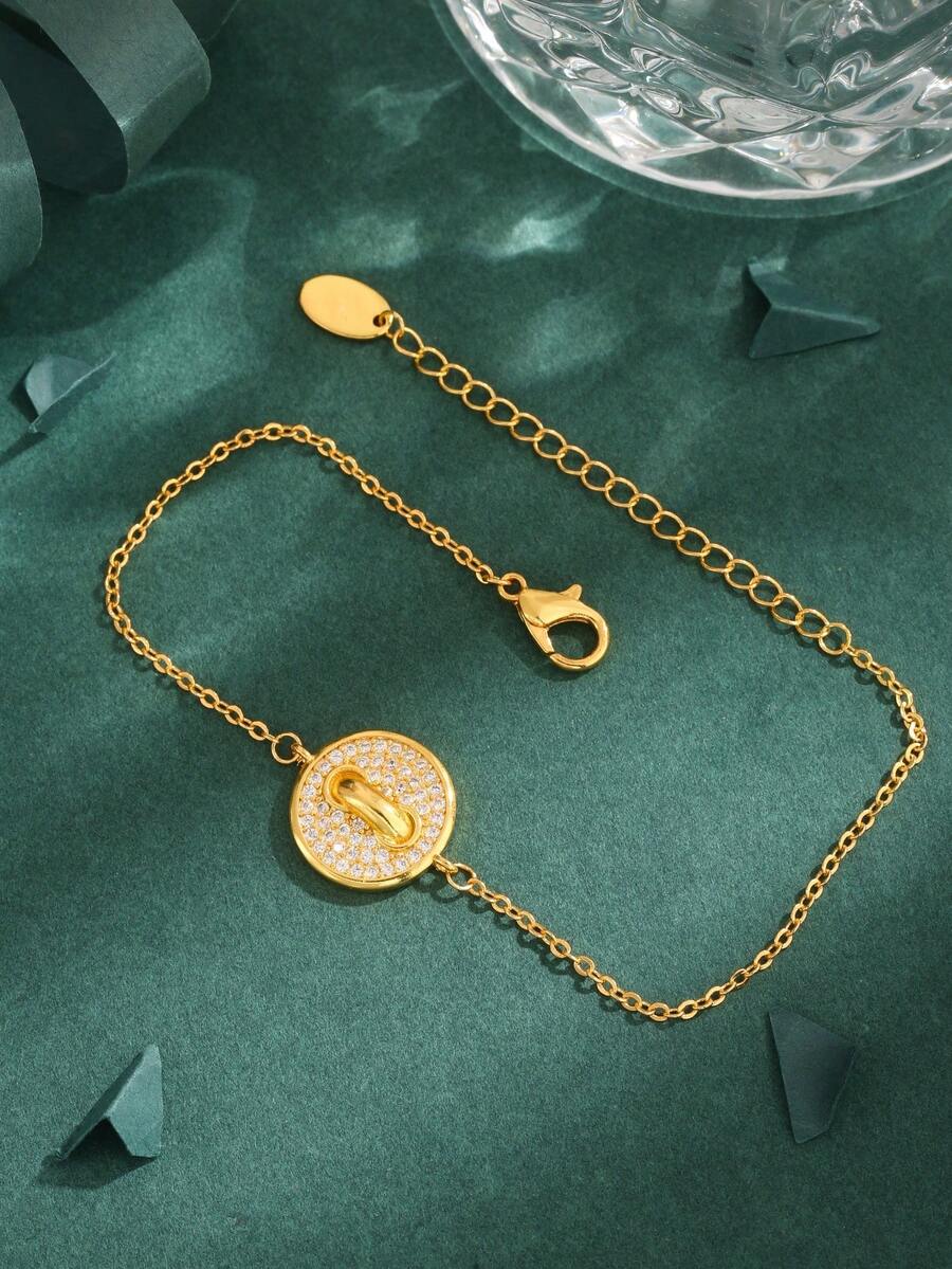 1件高品质欧美立方氧化锆铜18K镀层圆形极简吊坠手链，时尚小众女士礼物，日常佩戴 - 金黃色 - 查看 1