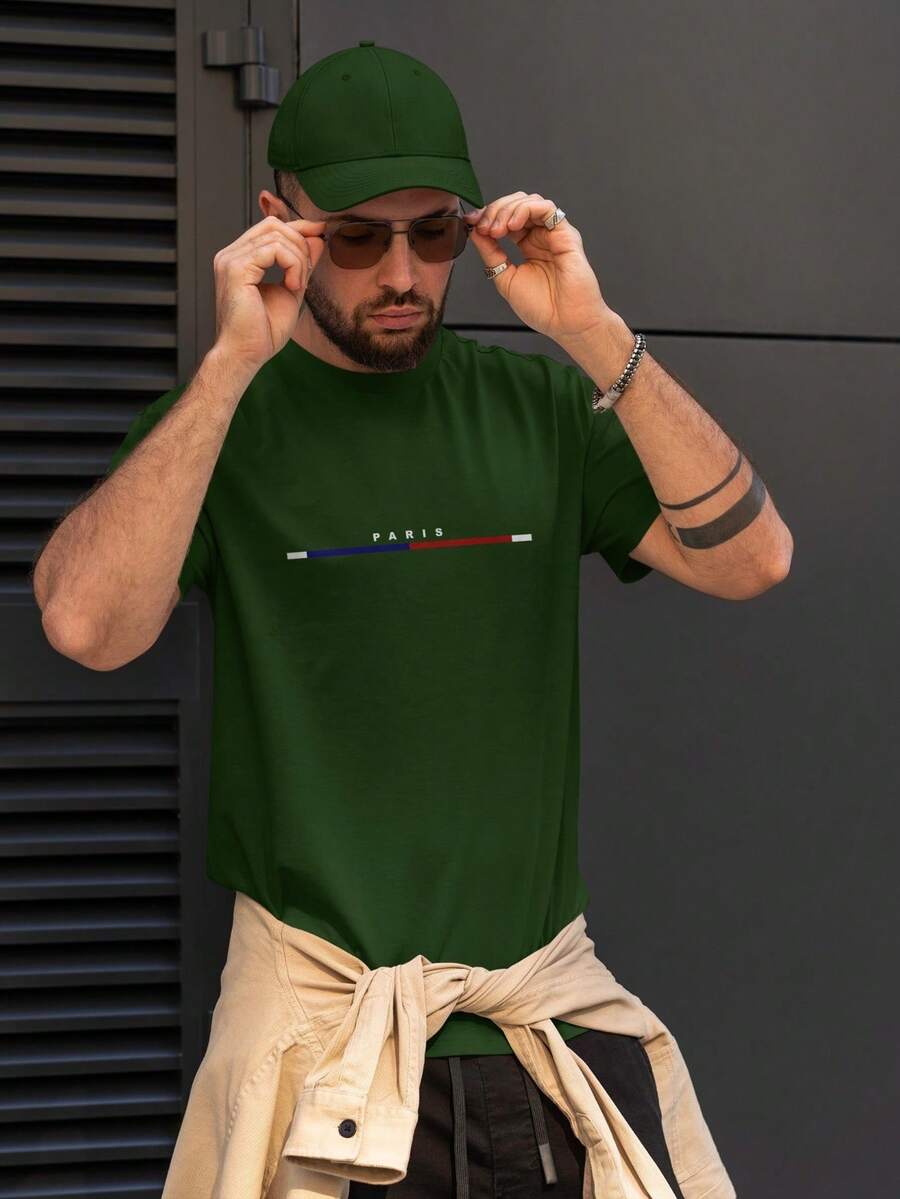 Men's Paris T-Shirt 100% Cotton Size S To Plus Size G3 - 深綠色 - 查看 1