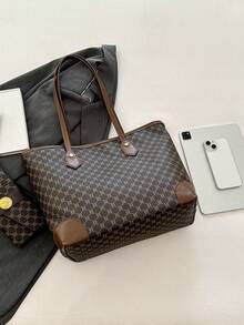 2 件套女士时尚提花托特单肩包和钱包套装，大容量，中年 - 棕色 - 查看 6