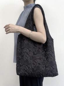 Stylish Floral Textured Tote Bag – Floral Tote Bag, Black Shoulder Bag, Large Capacity Bag, Women's Work Bag, Commuter Bag, Fabric Tote, Textured Handbag, Reusable Shopping Bag, Elegant Daily Bag, Minimalist Tote, Chic Canvas Bag, Teacher Gift Bag, Teen Girl Bag, Stylish Carryall, Office Bag Large Capacity Shoulder Bag For Work, School, Or Daily Use - Black - View 1