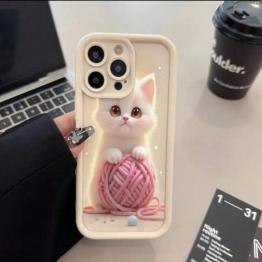 Kawaii Cute Kitten & Yarn Phone Case - Soft Silicone, Shockproof, Anti-Scratch Protective Cover GiftSuitable For IPhone16, 15, 14, 13, 12, 11, Xs, X, TPU Material, Shockproof And Non-Slip, The Best Gift For Girls And Boys - 黑色 - 查看 1