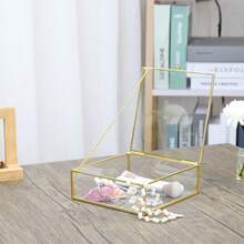 Minimalist Home Decor Desktop Ornament, Transparent Glass With Pure Copper Edging, Embedded Glass Vanity Organizer Box, Cosmetic Display Dust-Proof Jewelry Box - Gold - View 6