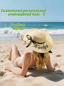 1pc Customized Soft Brim Beach Hat, Bridal Gift, Personalized Beach Hat, Customized Hat, Lady Beach Hat, Bridesmaid Gift, Bridal Party Hat, Name/Surname Or Wedding Role. Whether You Want To Buy It As A Gift Or Keep It For Yourself To Wear As A Daily Beach Sun Hat, Or Even Wear It On A Bachelorette Party Or Honeymoon Trip, This Unique Customized Hat Is Suitable For Any Occasion. - Multicolor - View 1
