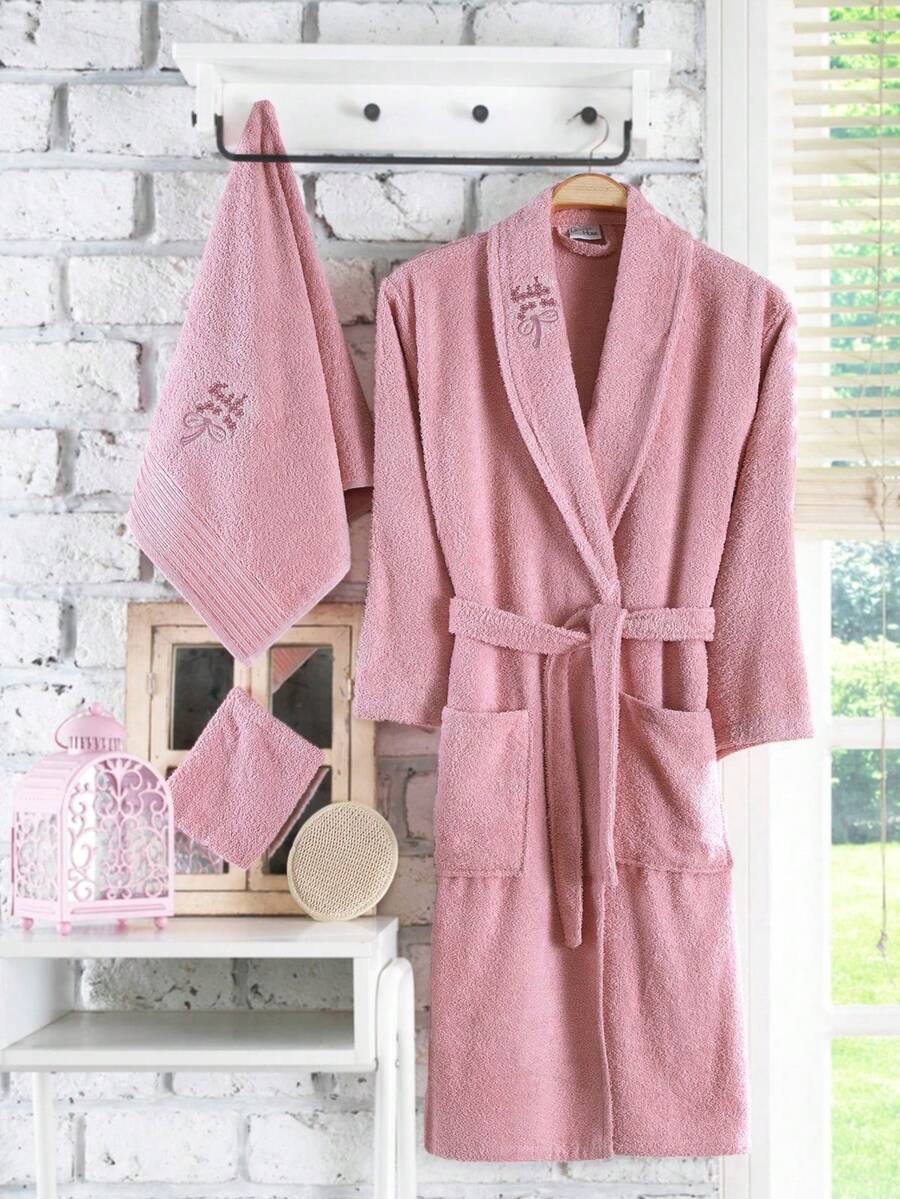 2-Piece Embroidered Bathrobe Set Made In Turkiye – Soft Cotton Robe With Towel For Women - Pink - View 1