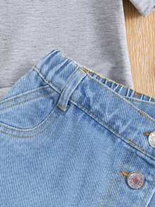 女童蝴蝶印花短袖上衣和牛仔短裤套装，夏季