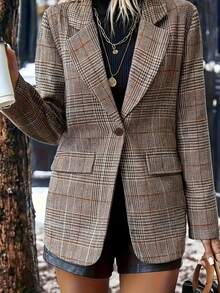 Estilo oversize, se recomienda bajar de talla, chaqueta blazer a cuadros para mujer - Diseño a cuadros, lavable a máquina con diseño cruzado sencillo, elegante para oficina y uso casual en otoño/invierno, tela versátil y duradera, blusa a cuadros de moda, chaqueta casual para mujer con forro