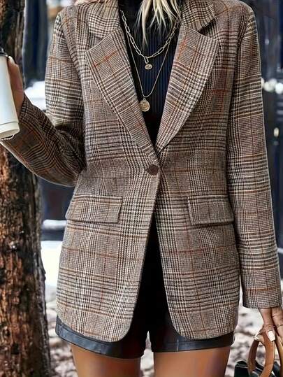 Oversized Fit, Suggest Sizing Down, Women's H-Line Plaid Blazer Jacket - Checkered Pattern, Elegant Office & Casual Wear For Autumn/Winter, Versatile Durable Fabric, Fashionable Plaid Top, Women's Casual Jacket With Lining Vacation