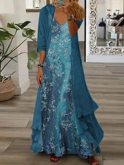 Plus Size Elegant Floral Print Camisole Dress & Long Chiffon Cardigan Set, Suitable For All Seasons