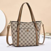 Women Tote Bags - 棋盤格-卡其拼黃 - 查看 5