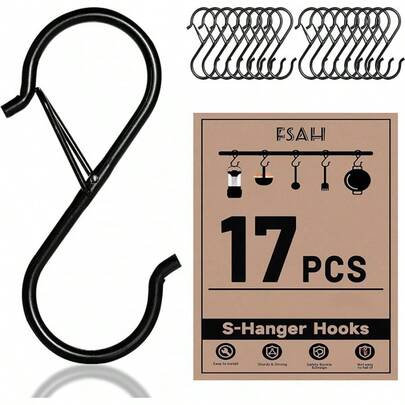 17 Pcs S Hooks Hanging, Heavy Duty S Shaped Hooks Black, Kitchen Hooks, Closet Rod S Hanger Hooks Plants, Pots, Towels And Bags, With Safety Design, 3.5 Inch
