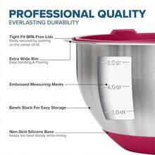 VIKING Mixing Bowls Set, 10 Piece Stainless Steel Kitchen Cookware, Non-Slip Silicone Base, Includes Tight Fit Lids, Dishwasher , Black - Red - View 4