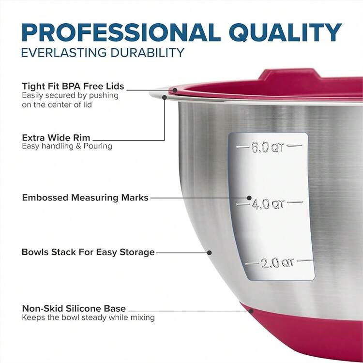 VIKING Mixing Bowls Set, 10 Piece Stainless Steel Kitchen Cookware, Non-Slip Silicone Base, Includes Tight Fit Lids, Dishwasher , Black - 紅色 - 查看 4