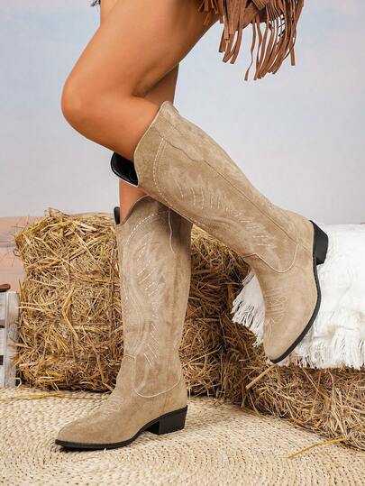 Fall/Winter Women's Retro Western Style Embroidered Tall Boots, Camel Color Vintage Cowgirl Boots, Chunky Heel Pointed Toe Riding Boots,Cowboy Boots,Coachella