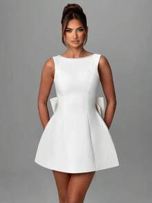 Women's Pearl Bow Fashion Slim Short Skirt Backless Hot Girl A-Line Jumpsuit - 白色現貨 - 查看 6