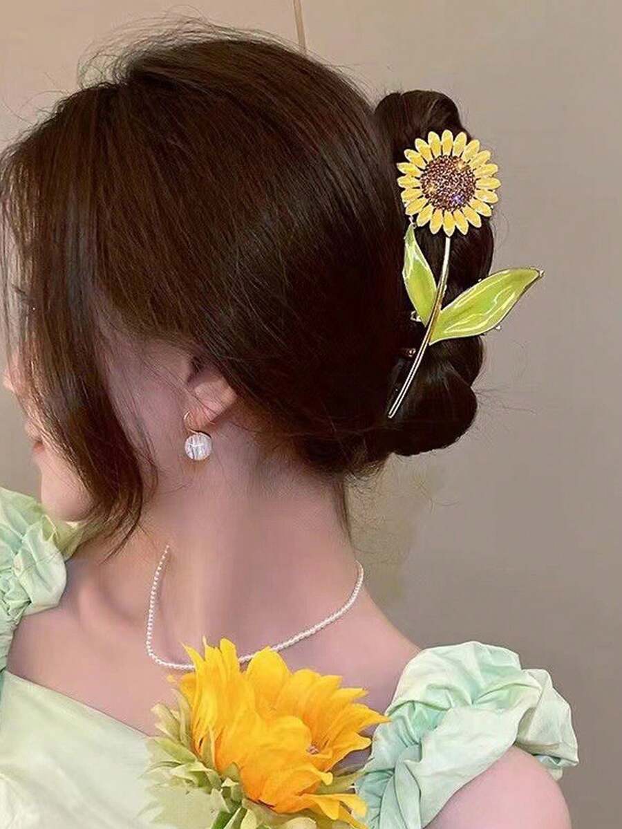 发夹 1 件优雅花卉设计发夹，甜美个性化发夹发夹，适合沐浴、工作、日常通勤、派对、活动，锌合金波西米亚风格花朵印花发饰发饰优雅爪夹，学校用品，学院秋季配饰秋冬度假装女士