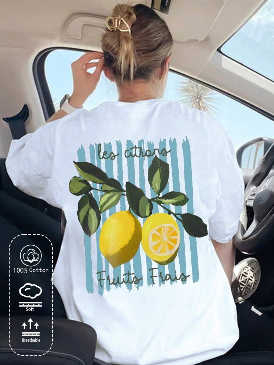 纯棉女T恤夏季清新柠檬印花春夏四季新款运动女装时尚柔软透气女款白色短袖上衣 - 白色 - 查看 1