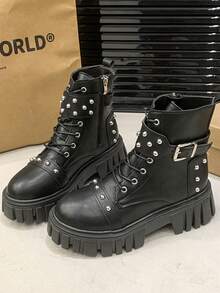 女式2025厚底休闲踝靴，系带，粗跟，防滑 - 黑色 - 查看 5