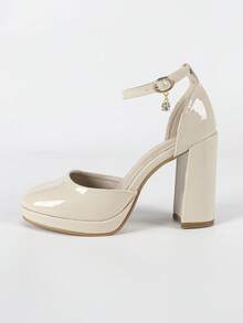 秋冬女士杏色方头玛丽珍鞋，防水厚底，粗跟，水钻搭扣，镂空设计，时尚性感礼服鞋，优雅派对鞋 - 奶油色 - 查看 7