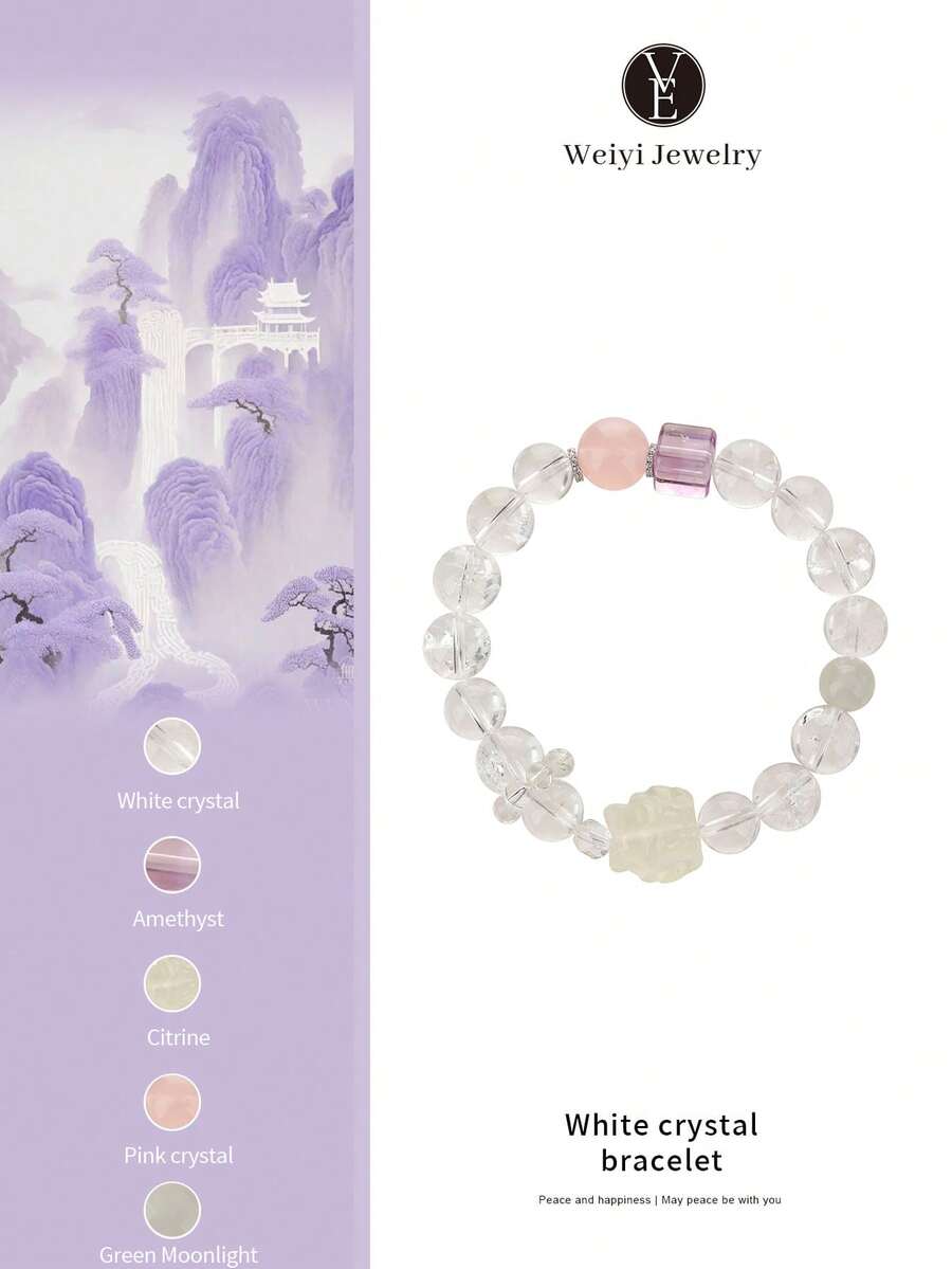 [VE] 1pc High-Quality 925 Sterling Silver Natural White Crystal Bracelet, Amethyst & Rose Quartz For Positive Energy, Paired With Yellow Citrine Nine-Tailed And Green Moonstone. Suitable For Self, Bestie, Girlfriend, Friend, Or Mom. Jewelry Colors Are Random. - Bracelet - View 1