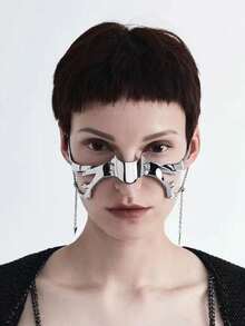 1 Set European & American Fashionable Cyberpunk Metal Face Mask, Unique Design Asymmetric Fluid Mechanical Earrings & Adjustable Lip Ring