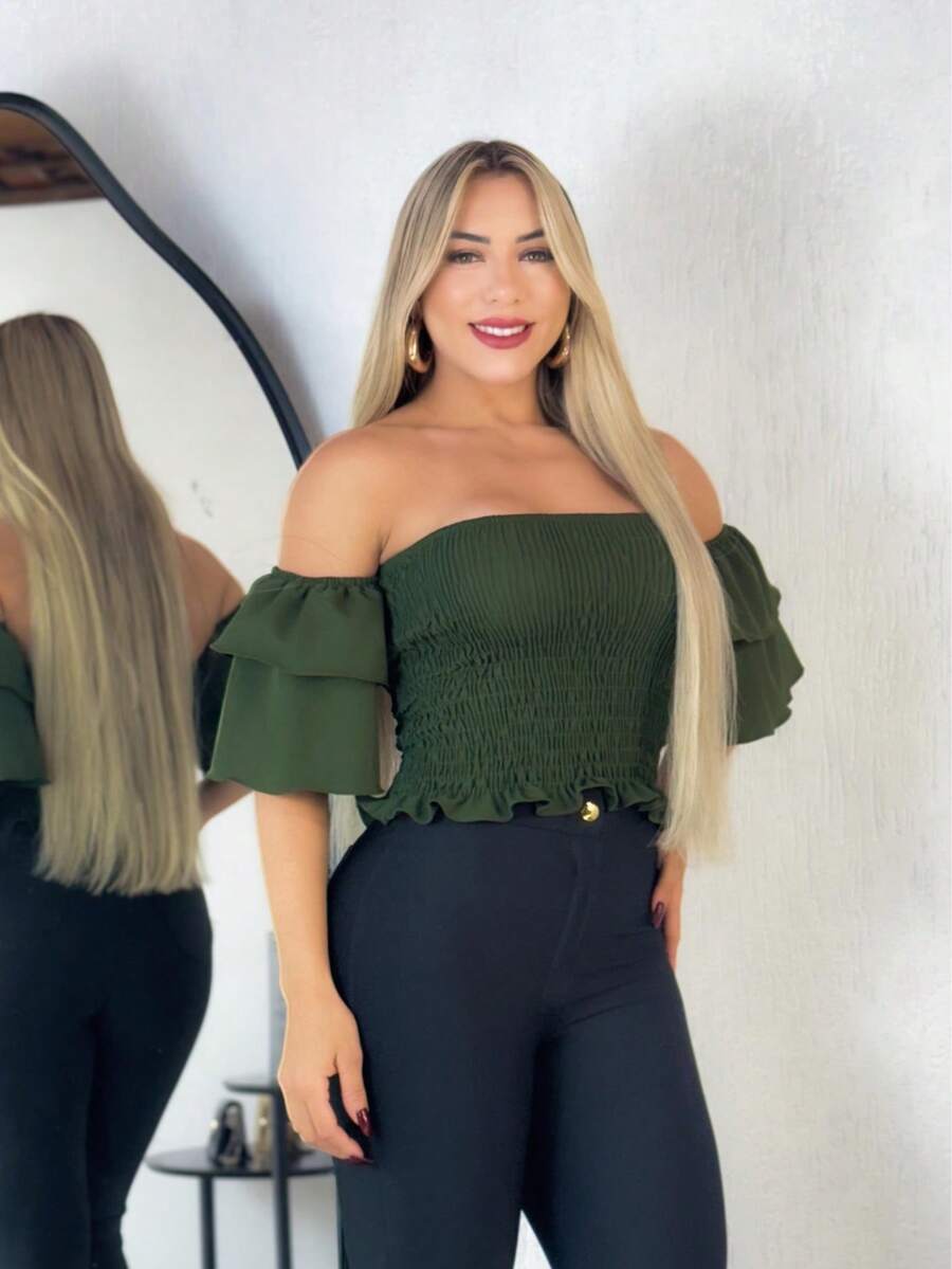 Simple Ruffle Hem Pleated Gathered - Army Green - View 1