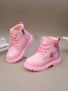 Fashionable Baby Boots, Children's Bow Boots, Mid-Top Girls' Casual Short Boots With Side Zipper, Flat Bottom - Pink - View 2