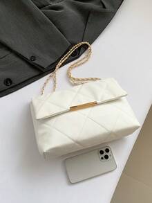 新款女士刺绣菱形绗缝链条单肩包，简约时尚大容量工作通勤斜挎包 - 白色 - 查看 5