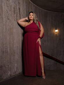Women's Long Dress One Sleeve Plus Size With Slit And Opening On The Sleeve Elegant - Redwood - View 4