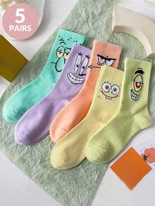 SPONGEBOB 1/3/5/10双装 女士海绵宝宝印花休闲短袜，趣味卡通图案，透气吸湿低帮，适合夏季日常穿着 - 彩色 - 查看 2