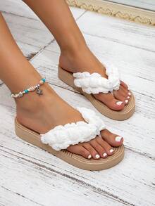 Nowość Oryginalny design Mori Style Minimalistyczny Uniwersalny Modny Lekki Klapki Sandały Na Plażę/Wakacje, Oddychające Miękkie Swobodne Wygodne Białe Imitacja Sznurka Wzorzyste Klapki Na Koturnie Z Separatorem Palców - Biały - Zobacz 3