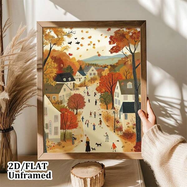 Frameless, A Cozy Cute Autumn Cityscape Wall Art Deco Painting, Warm Tones Canvas Poster, Beautiful Autumn Home Decoration, Room Decoration, Living Room Art Deco, Modern Home Wall Art Deco, Ideal Home Gift Creative Decoration