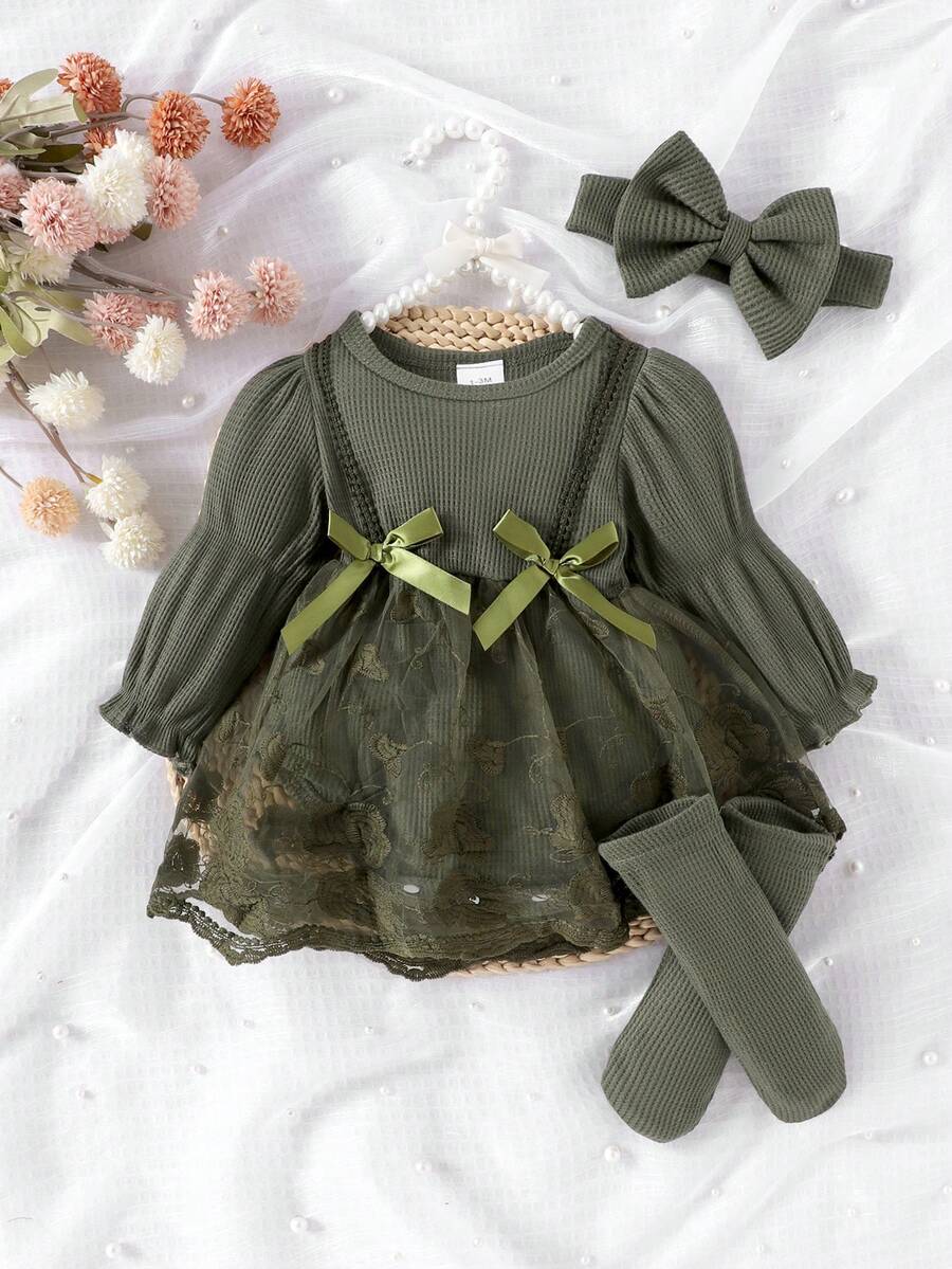 1pc Baby Girl Elegant Lace Patchwork Long Sleeve Bodysuit+Headband+Socks, Autumn/Winter - Green - View 1