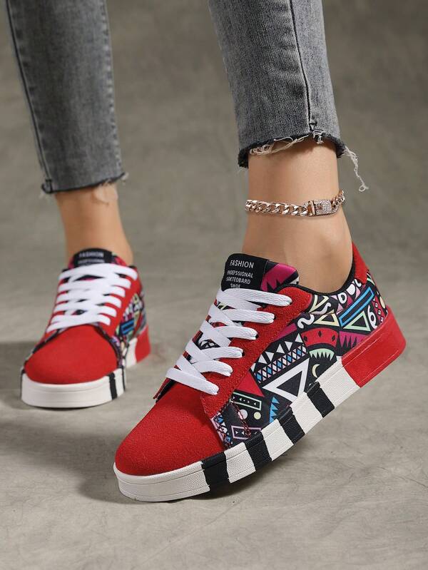 Women's Casual Lace-Up Splicing Graffiti Print Contrast Color Sneakers, Fashion Comfortable Personalized Campus Street Wear Couples Outdoor Sports Shoes