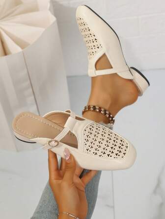 Women's High-Grade Square-Toe Laser Hollow-Out Cylindrical Low-Heel Open-Back Slip-On Flats, Comfortable Soft Sole All-Season Shoes