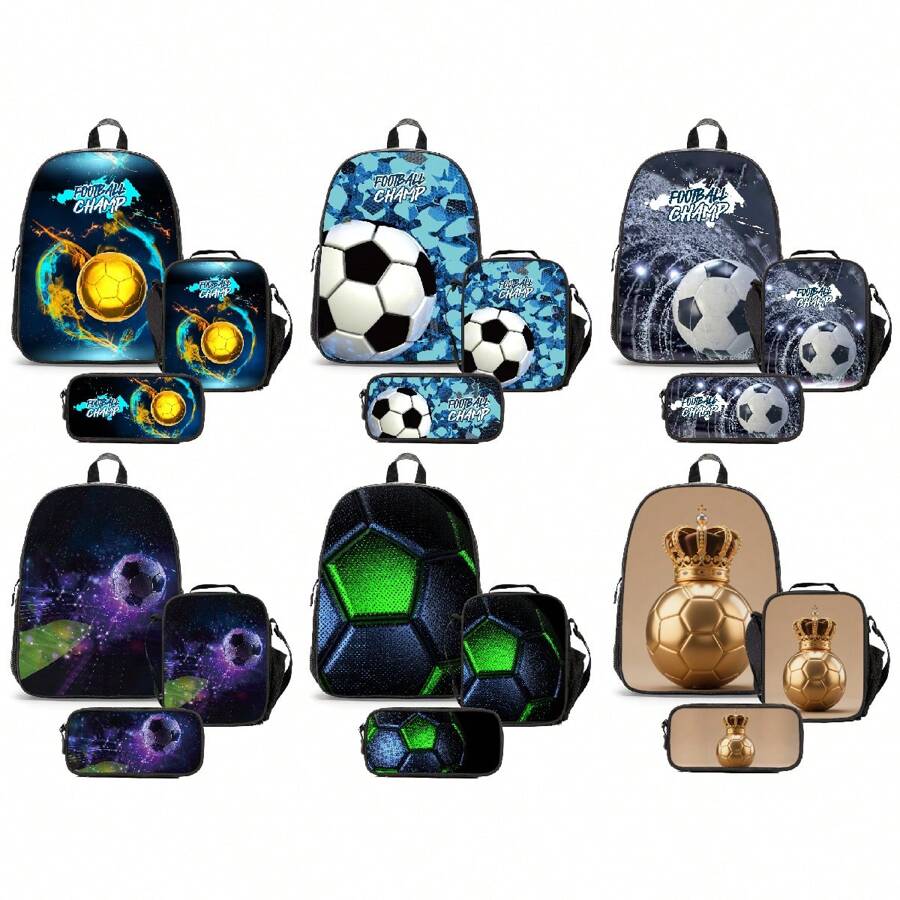 GUSTELL 3pcs Set: Cool Tech Football Particle, Golden Crown, Cosmic Star Chain Pattern Backpack, Shoulder Bag, Pencil Case Set. Suitable For Travel, Camping, Casual Cartoon Backpack With Padded Back And Adjustable Shoulder Straps, Fashionable, Durable, Practical (Football Element Pattern) - Bundles - View 1