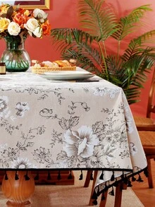 1 件复古黑白花卉流苏桌布，用于咖啡桌、床头柜、家居装饰的装饰罩，适用于餐厅、聚会、晚餐、节日派对、宴会、野餐和露营，四季皆宜