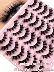 14 Pairs Natural Long Transparent Stem 3D Mink Eyelashes Manga Lashes Hot False Lashes Fluffy Soft Cross Lashes Extension Makeup - 黑色 - 查看 1