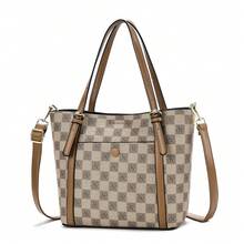 Women Tote Bags - 棋盤格-卡其拼黃 - 查看 7