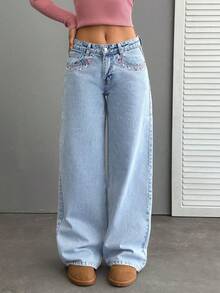 Y2K 女款低腰阔腿十字绣牛仔裤 - 淺色水洗藍 - 查看 3