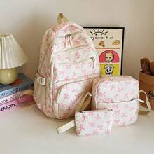 3 件套尼龙蝴蝶结印花背包套装，可折叠多口袋大容量防水拉链背包适合青少年、高中生、大学生、女士、日常使用、通勤、旅行、情人节礼物 - 粉色 - 查看 2