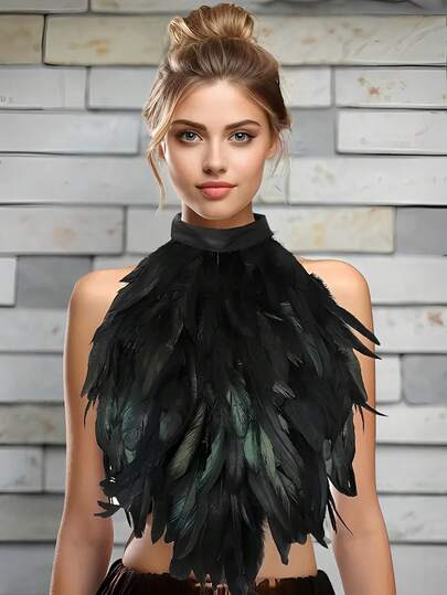 1 件仿动物羽毛乌鸦领露背上衣围巾装饰，浪漫大胆热情紧身胸衣服装披肩万圣节万圣节服装女式