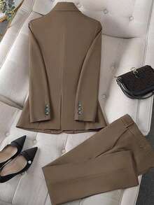 Solid Color Single Button Long Sleeve Single-Breasted Waistcoat Suit Pants Two-Piece Set - 咖啡棕 - 查看 2