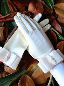 [Găng tay cưới ren đính đá tinh xảo] Găng tay ren trắng tinh khiết Trang trí đính đá tinh xảo Nơ Găng tay cưới Cô dâu Phụ kiện ngọt ngào thanh lịch Găng tay Phụ kiện mùa thu - trắng - Xem 6