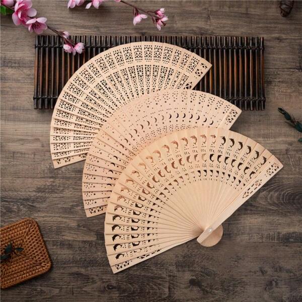 Sandalwood Hollow Wooden Fan, Wooden Fan Color, Sandalwood Wooden Fan, Hollow Folding Fan, Printed Wood Craft Fan, Imitation Sandalwood Fan, Good Gifts