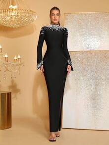 新款优雅女士修身加厚绷带长裙，立领喇叭袖设计，奢华珍珠点缀，高开衩长款绷带裙，适合女士婚礼、度假、派对、正式场合穿着。 - 黑色 - 查看 1