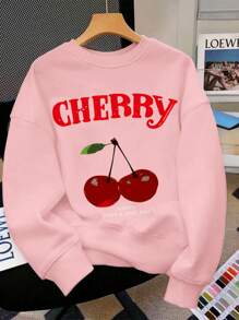 Teen Girl Cherry Printed Long Sleeve Round-Neck Loose Fit Sweatshirt, Suitable For Autumn/Winter,Suitable For Daily Wear, Party, School, Attending Music Festivals, Vacation, Commuting
