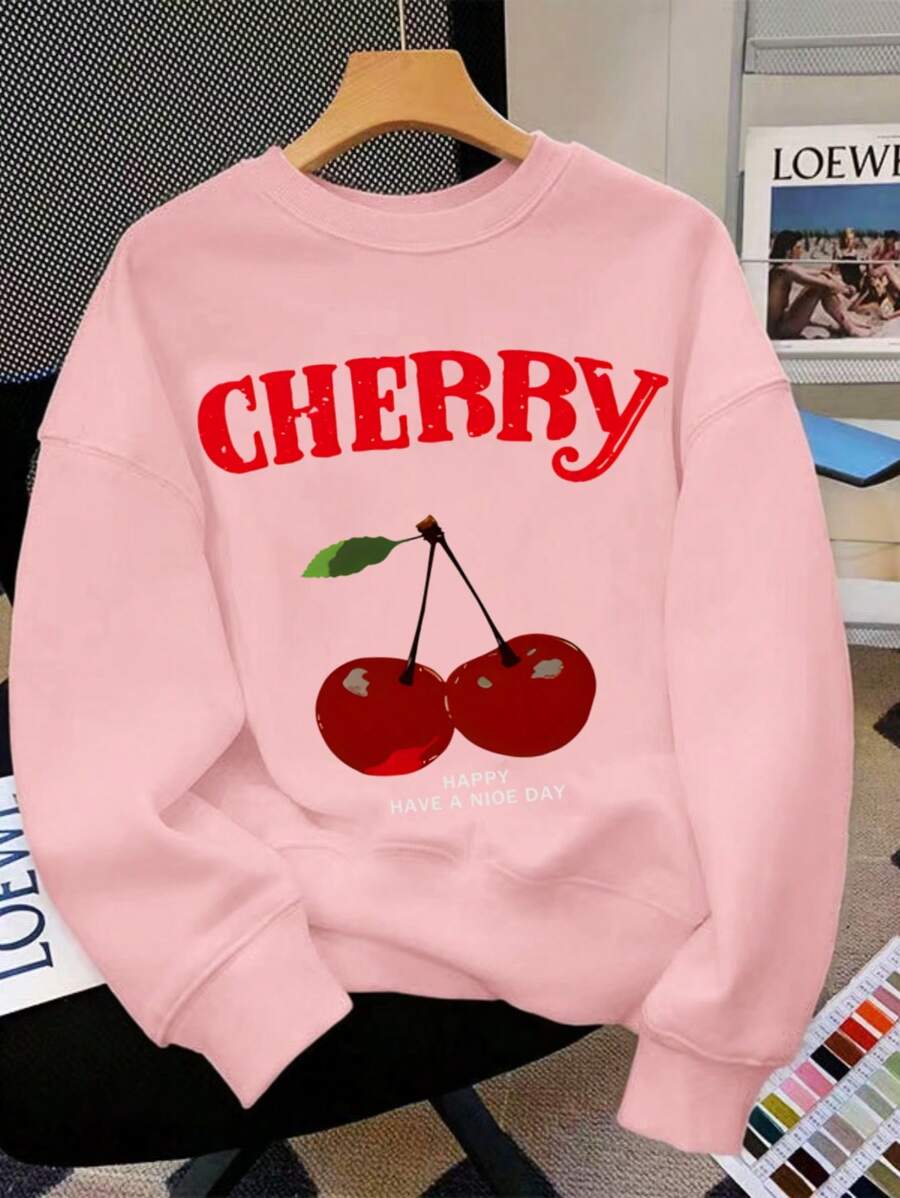 Teen Girl Cherry Printed Long Sleeve Round-Neck Loose Fit Sweatshirt, Suitable For Autumn/Winter,Suitable For Daily Wear, Party, School, Attending Music Festivals, Vacation, Commuting
